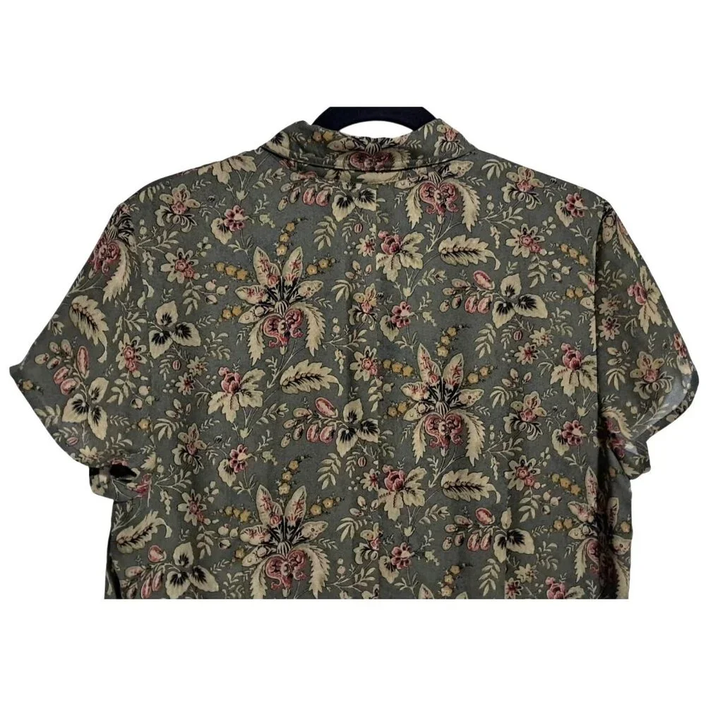 Charter Club Floral Button Front Dress Women Size 12 Olive Green Pleated Midi‎